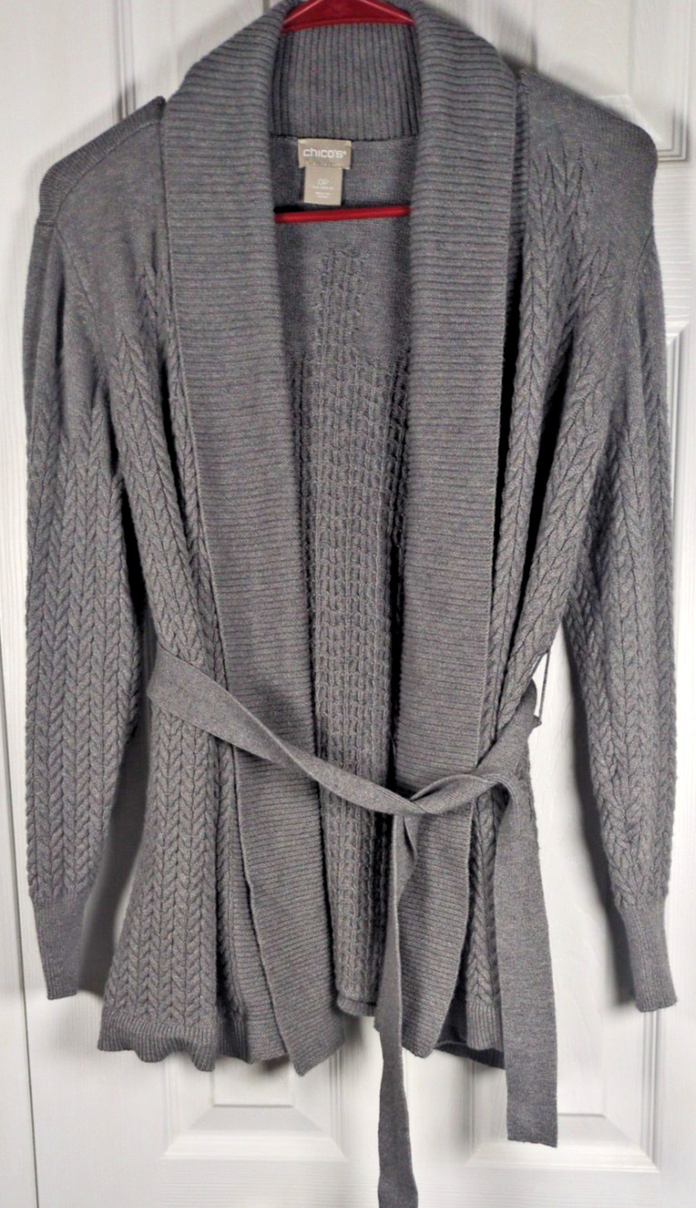 Chico's Cable Knit Cardigan Womens 0P Small Petite Gray Belted Open Shawl Collar
